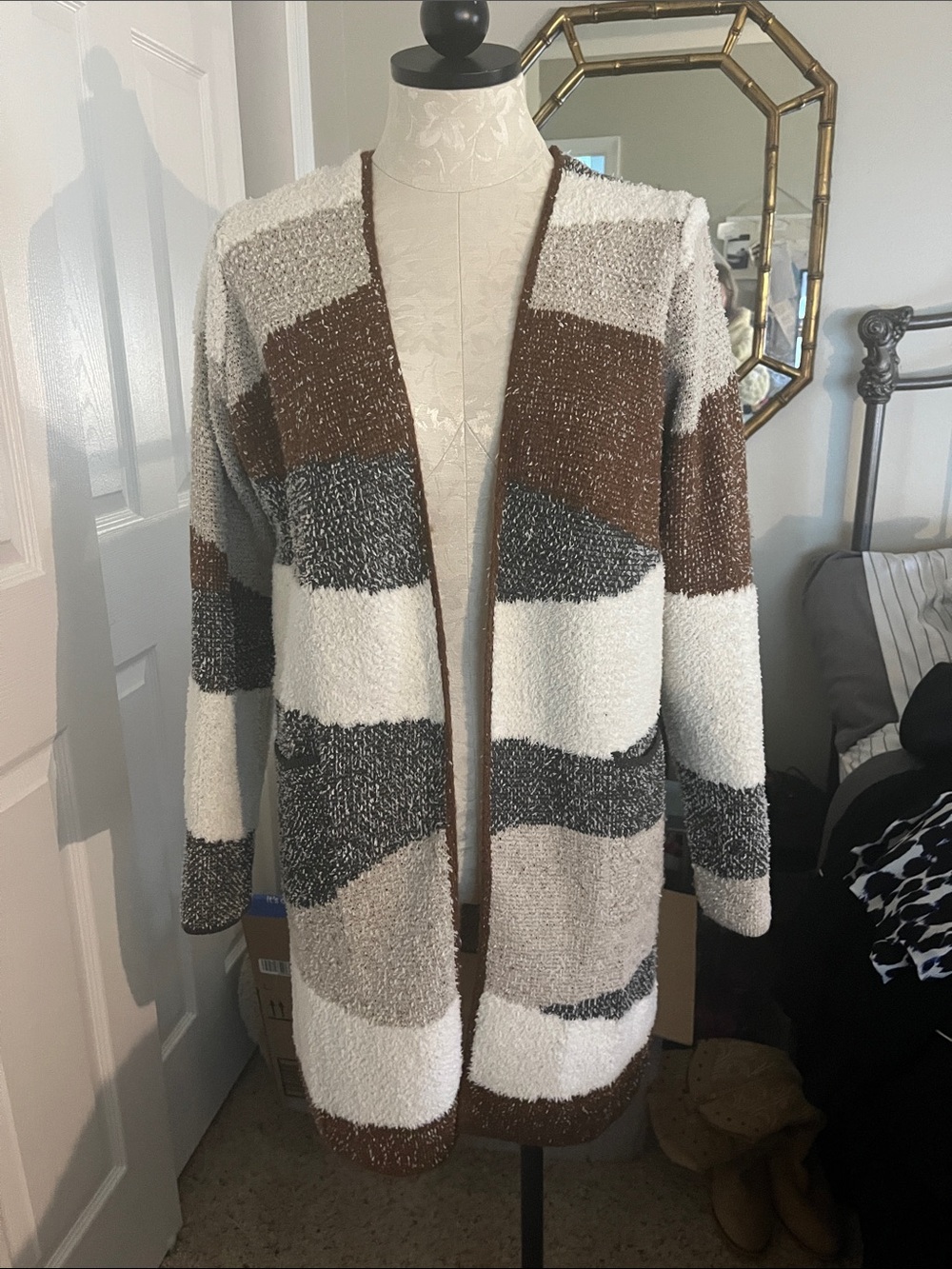 Open-Front Striped Cozy Cardigan — Brown, Cream & Gray